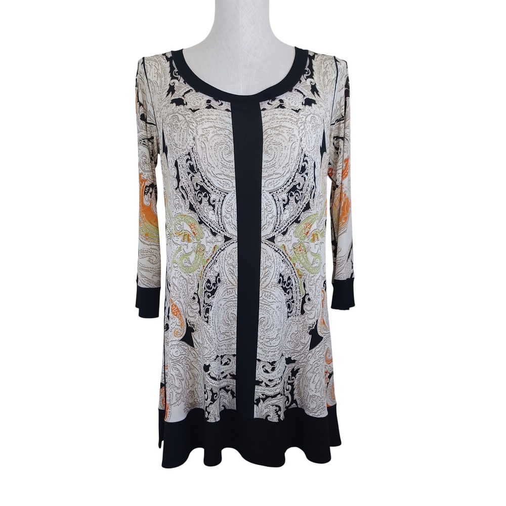 Eva Varro Womens Paisley Print Tunic Black Orange 3/4 Sleeve USA Size Small